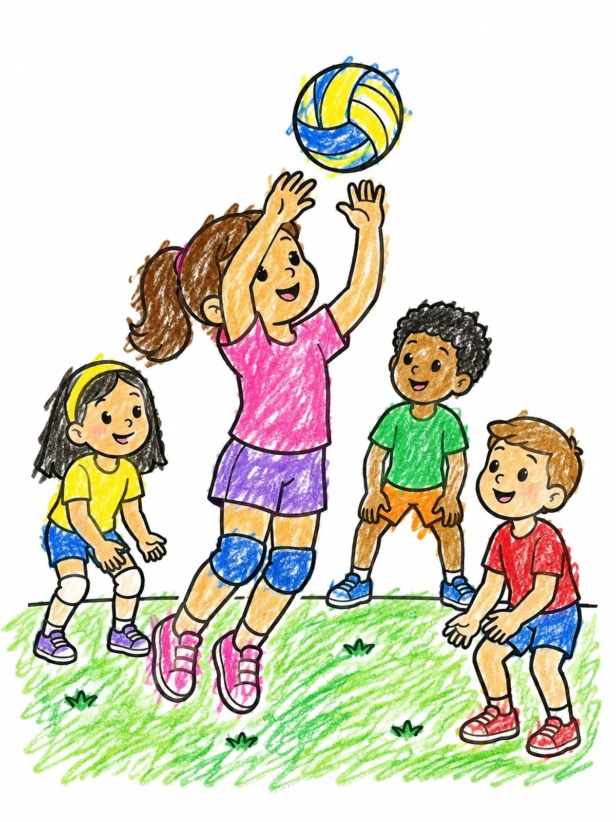 Colored example of the Kids Playing Volleyball Together coloring page