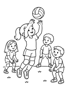 Free printable Kids Playing Volleyball Together coloring page