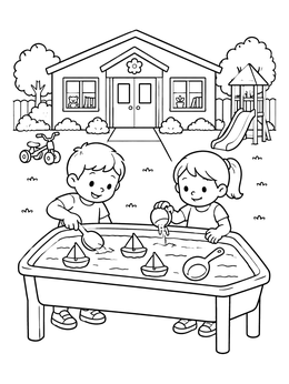 Kids play with toy boats at a sensory water table in this preschool coloring page.
