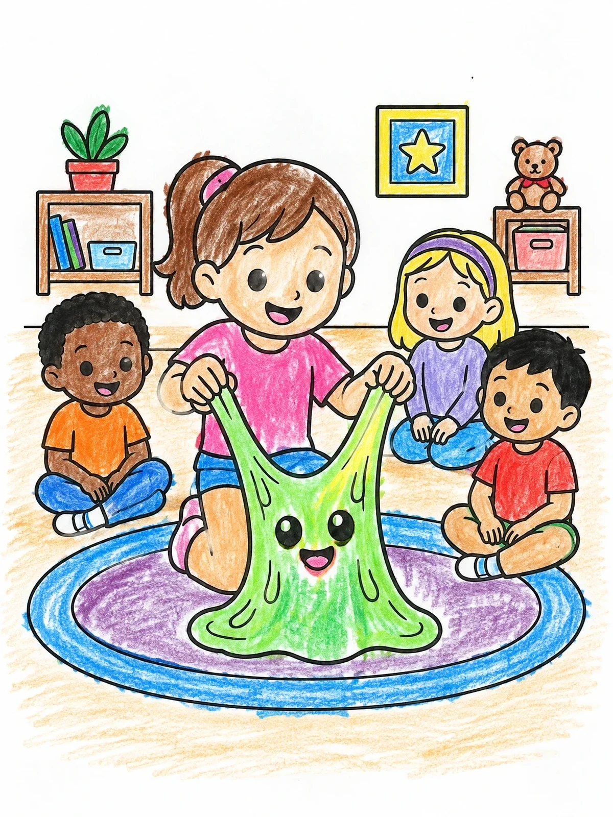 Colored example of the Children Playing With Cute Slime Monster coloring page