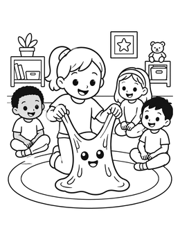 Free printable Children Playing With Cute Slime Monster coloring page