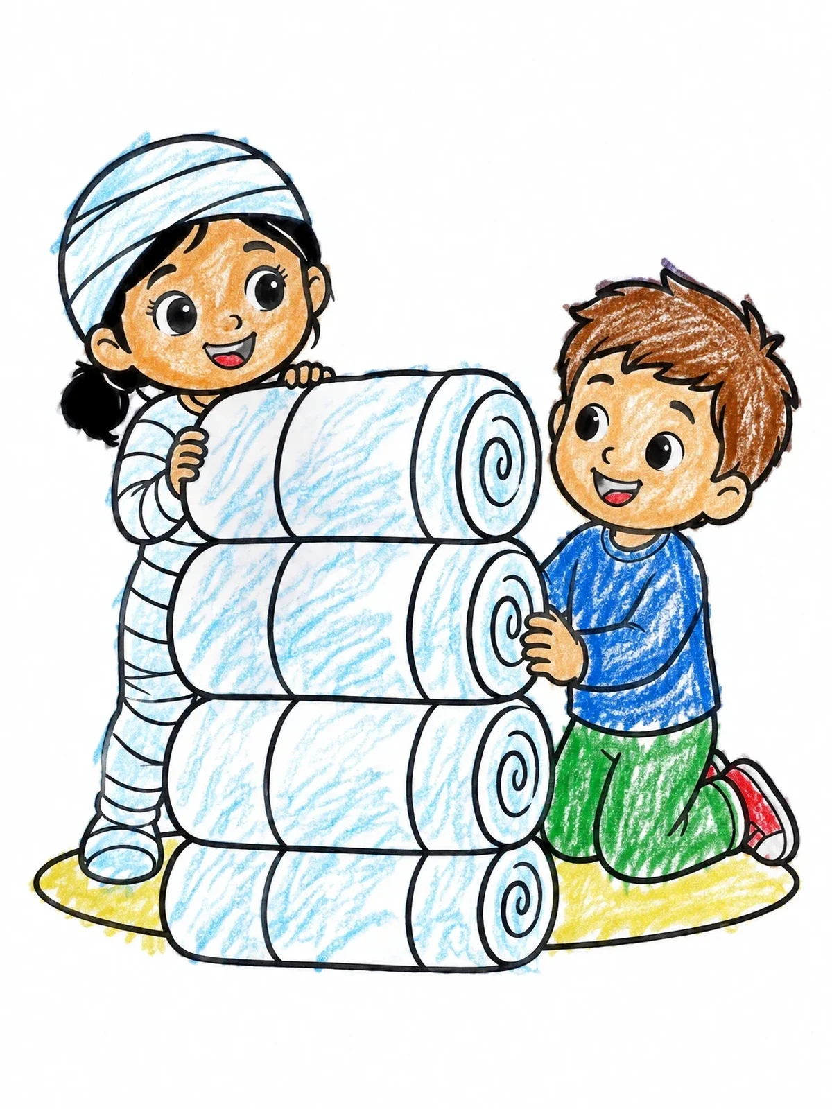 Colored example of the Children Playing Mummy With Bandage Rolls coloring page