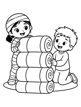 Free printable Children Playing Mummy With Bandage Rolls coloring page