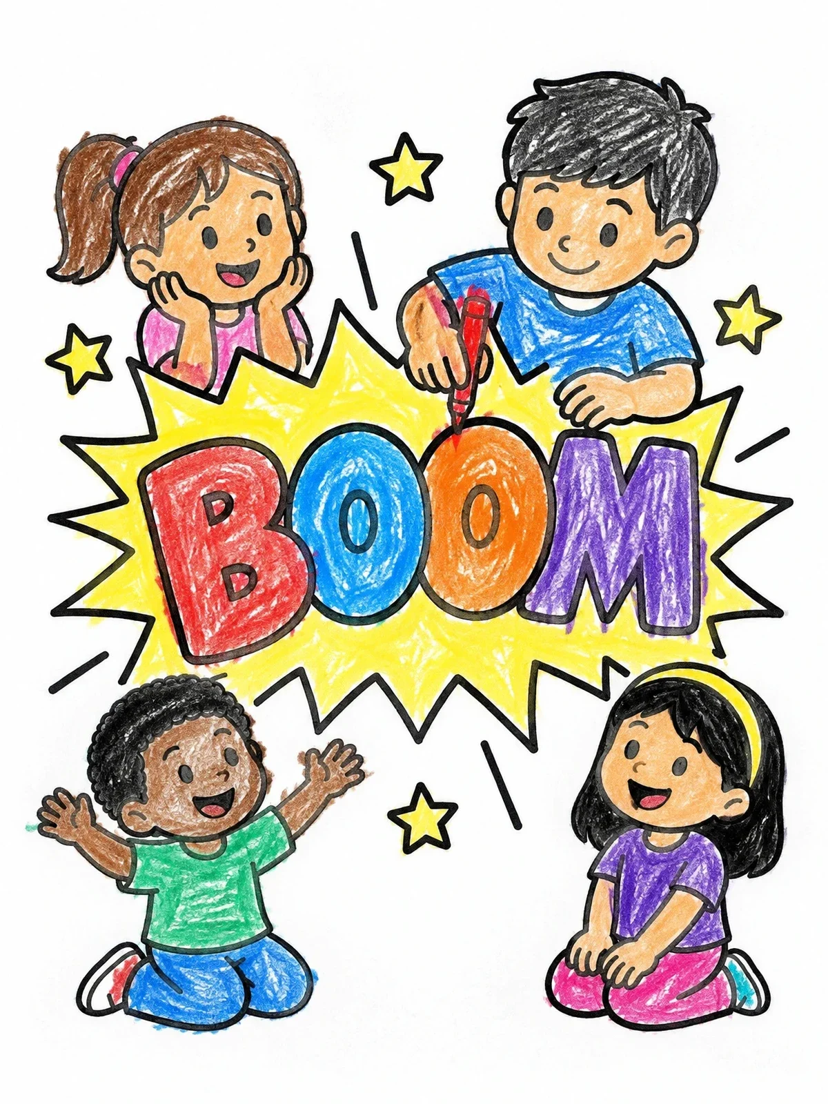 Colored example of the Kids Drawing Pop Art Boom Sign coloring page