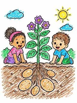 Colorable Potato Children Discovering A Potato Plant – Potato Plants Coloring Page