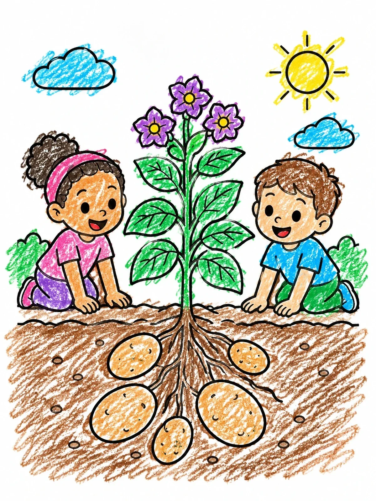 Colored example of the Children Discovering A Potato Plant coloring page