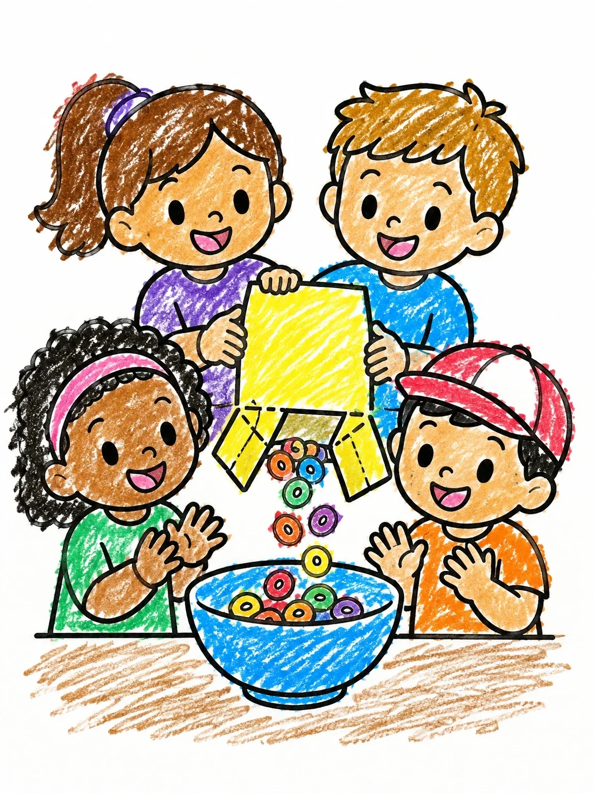 Colored example of the Kids Pouring Cereal Into Bowl coloring page