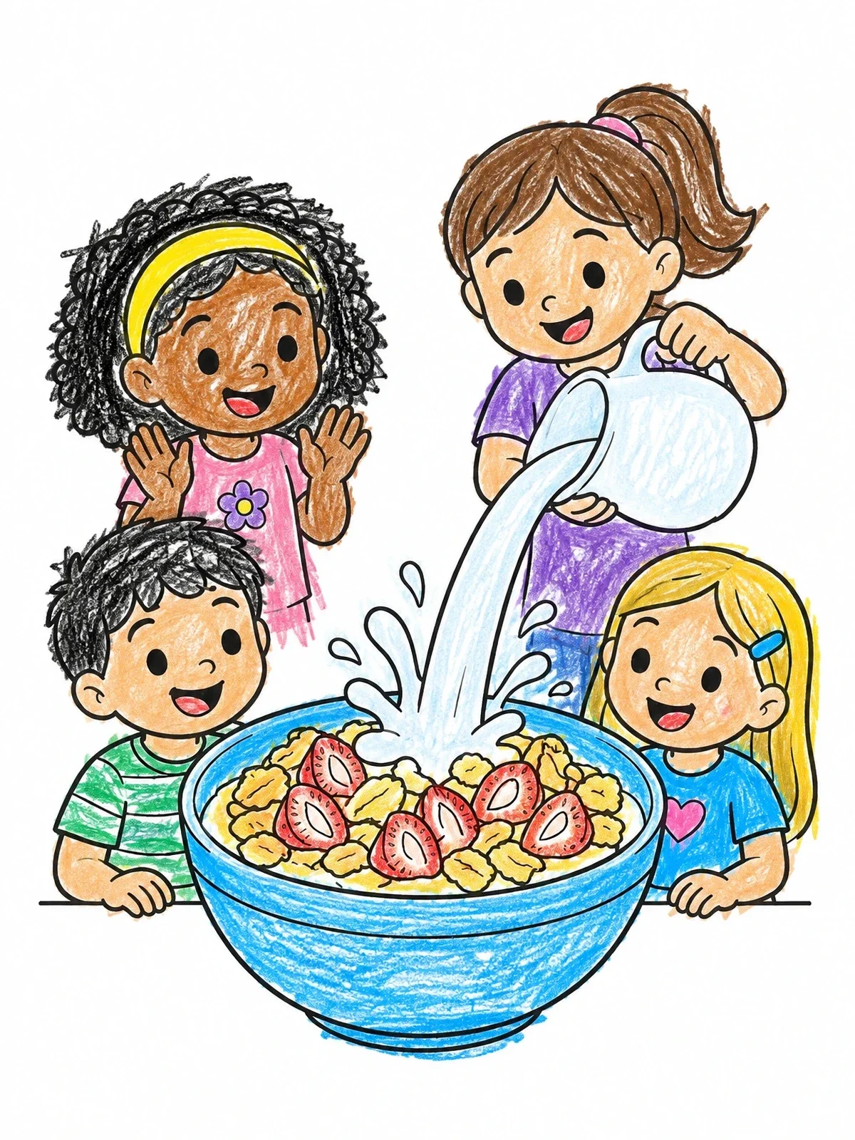 Colored example of the Kids Pouring Milk Into Cereal Bowl coloring page