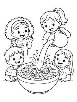 Free printable Kids Pouring Milk Into Cereal Bowl coloring page