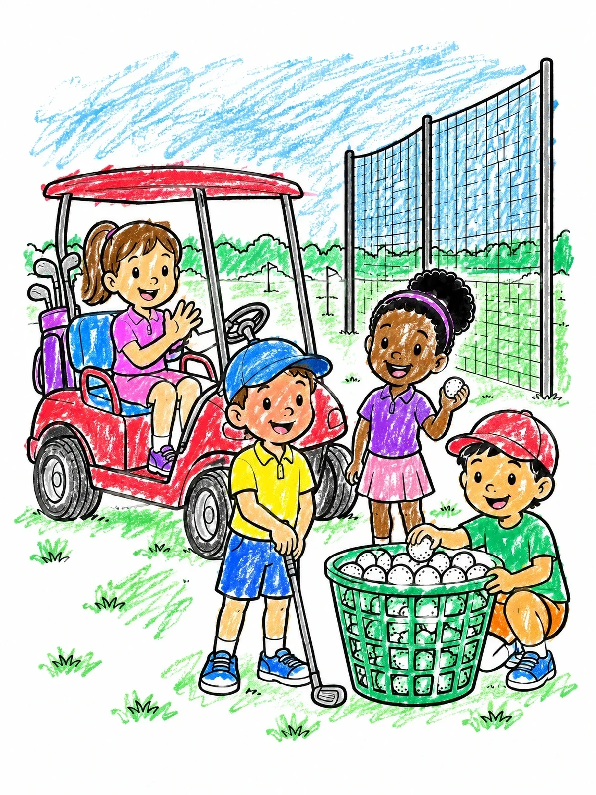 Colored example of the Kids Practicing Golf By The Cart coloring page