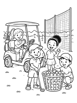 Free printable Kids Practicing Golf By The Cart coloring page