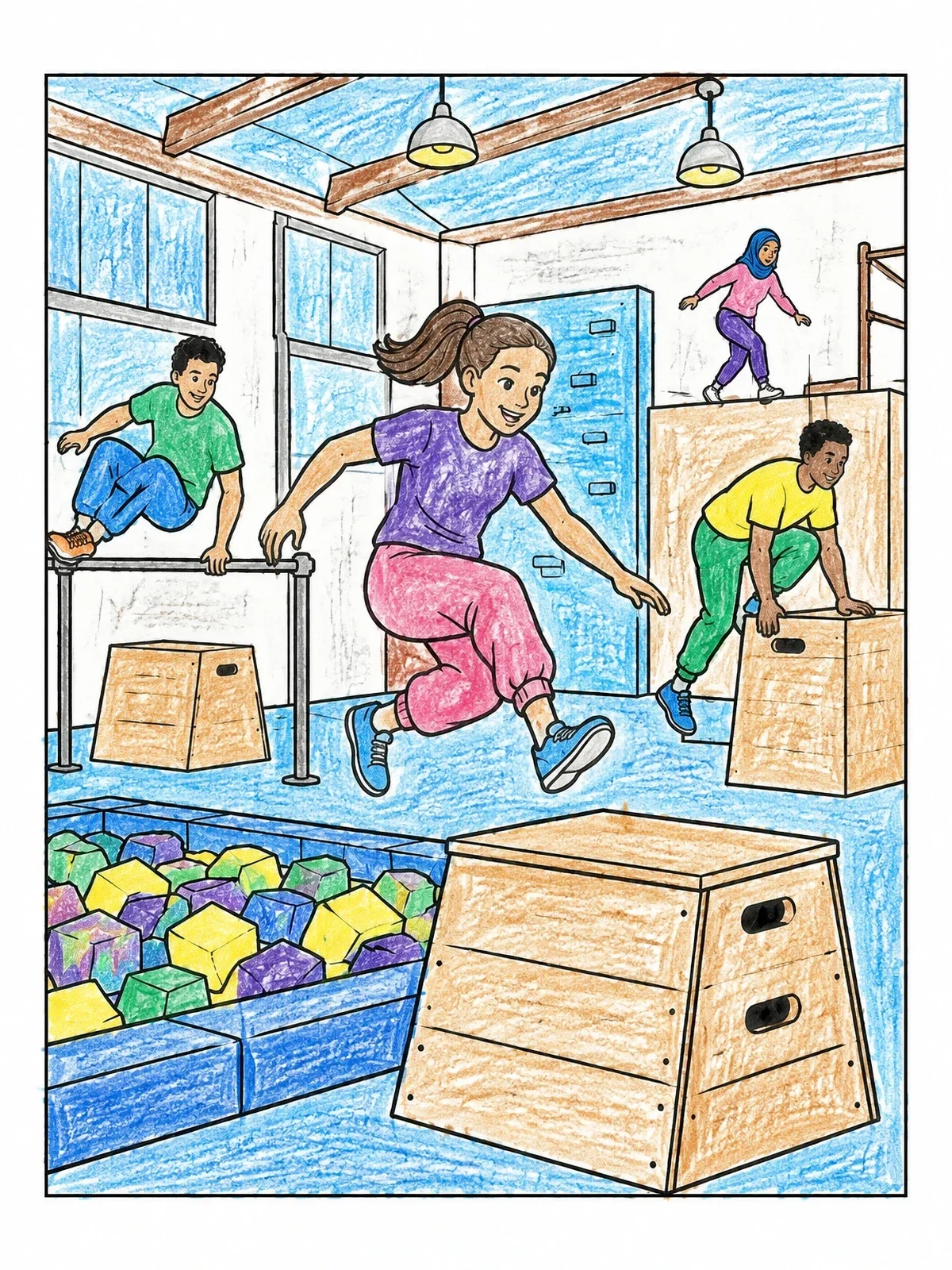 Colored example of the Kids Practicing In Parkour Gym coloring page