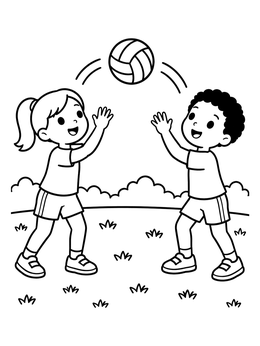 A cheerful boy and girl enjoy a volleyball coloring page while passing a ball in a grassy park.