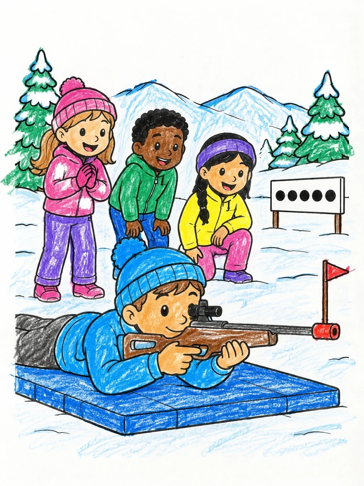 Colored example of the Kids Practicing Winter Biathlon Shooting coloring page