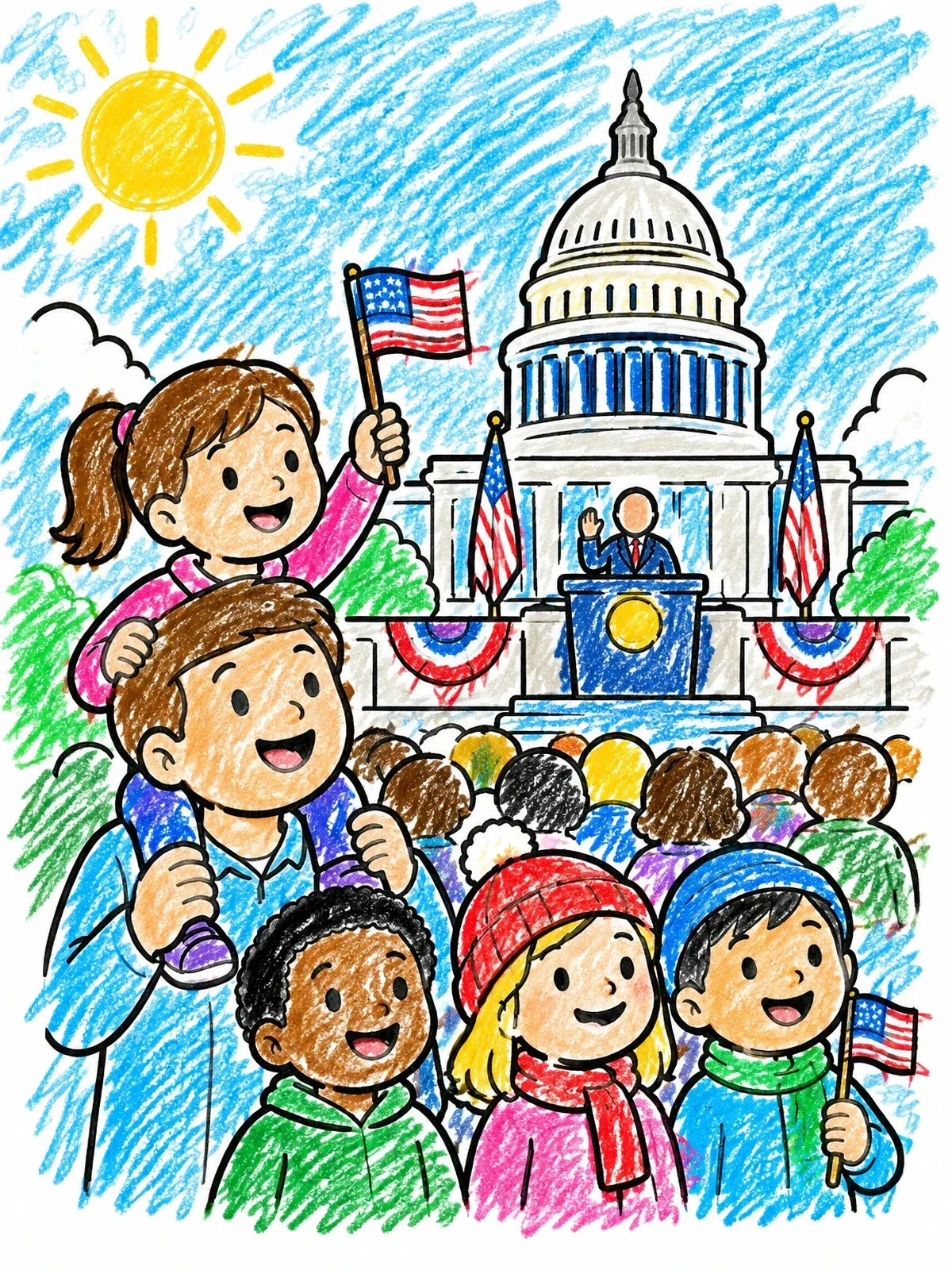 Colored example of the Children Celebrating At The Presidential Inauguration coloring page