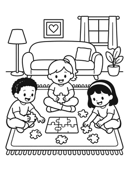 Three happy kids build a jigsaw puzzle on this cozy rug coloring page.