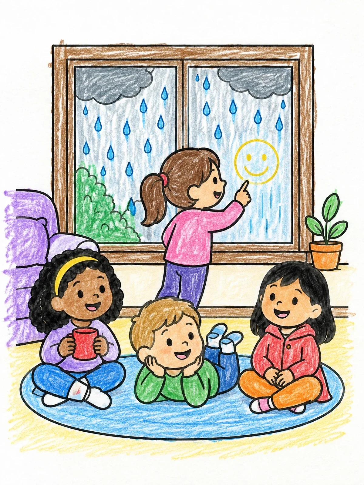 Colored example of the Children Playing By Rainy Window coloring page