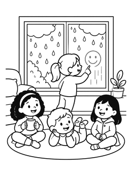 Kids indoors having fun in this rainy day coloring page as one draws on the misty glass.
