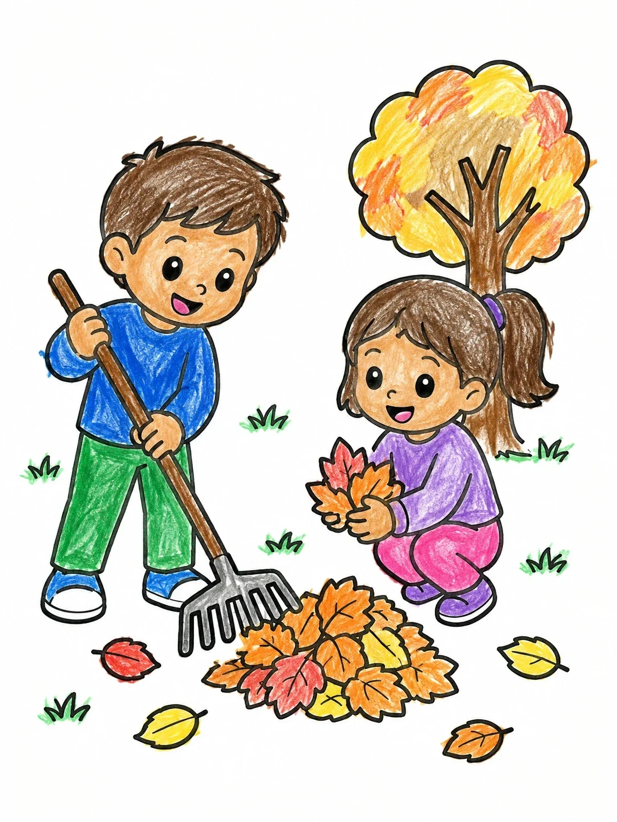 Colored example of the Kids Raking Autumn Leaves Together coloring page