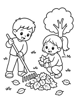 Free printable Kids Raking Autumn Leaves Together coloring page
