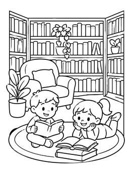 Free printable Children Reading In The Cozy Library coloring page
