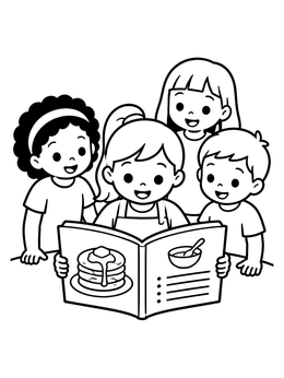 Children gathering around a cookbook coloring page to read a pancake recipe.