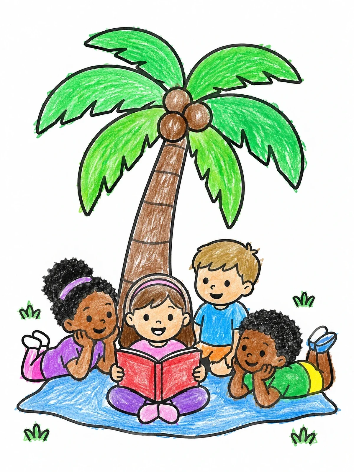 Colored example of the Children Reading Under A Palm Tree coloring page
