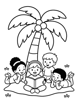 Free printable Children Reading Under A Palm Tree coloring page