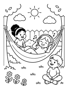Free printable Kids Listening To Music In Backyard Hammock coloring page