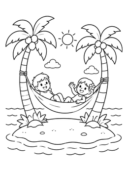 Free printable Kids Relaxing In Island Hammock coloring page