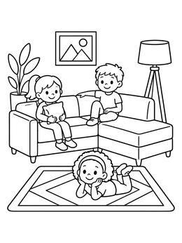 Free printable Kids Relaxing In Modern Living Room coloring page