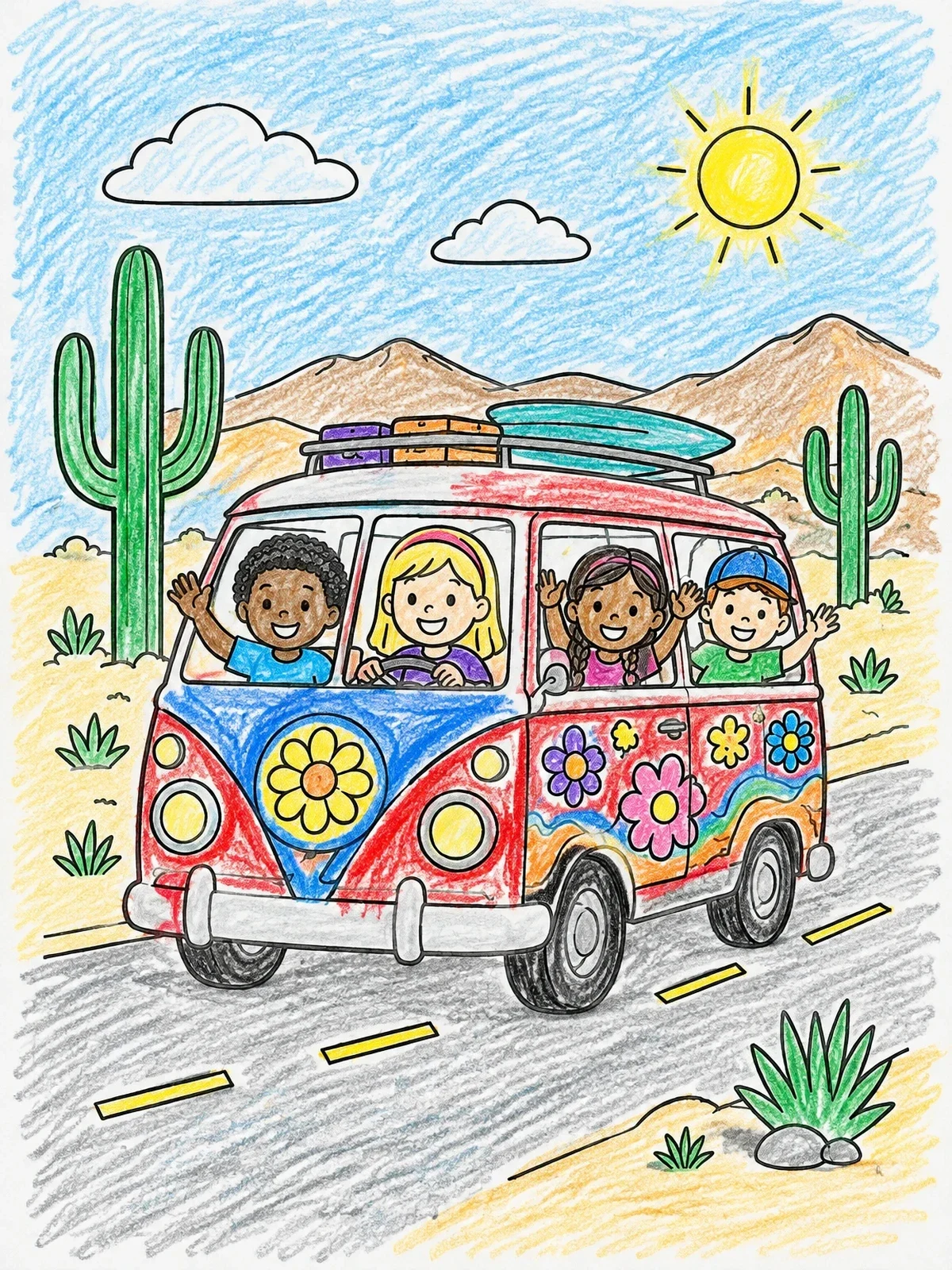 Colored example of the Happy Kids In A Retro Camper Van coloring page
