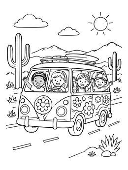 Free printable Happy Kids In A Retro Camper Van coloring page
