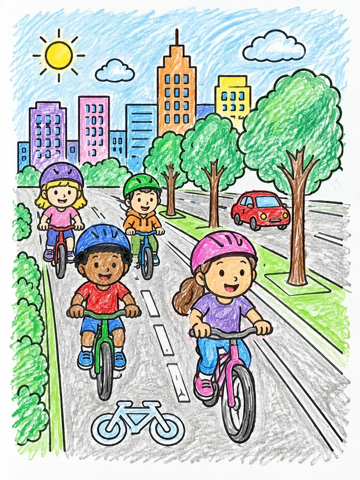 Colored example of the Children Riding Bicycles In The City coloring page