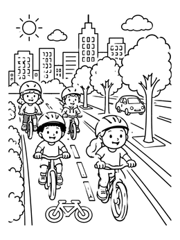 Free printable Children Riding Bicycles In The City coloring page