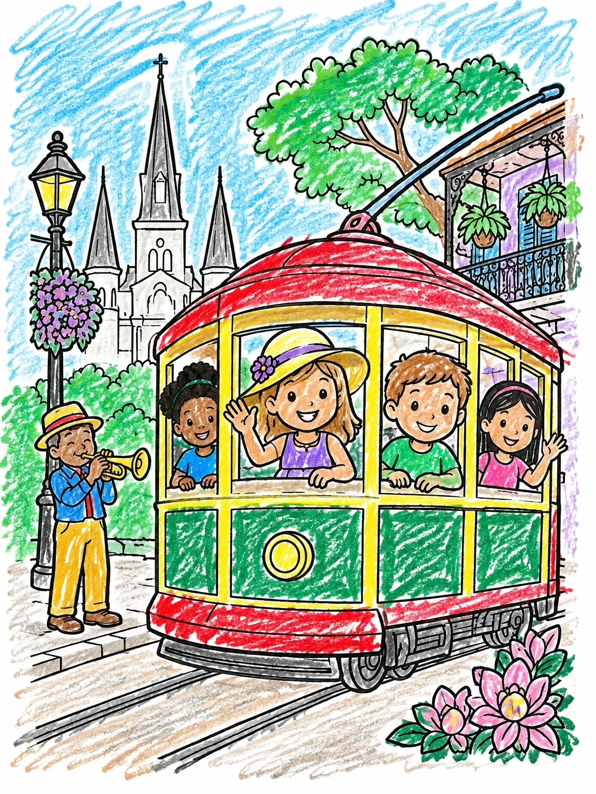 Colored example of the Children Riding A New Orleans Streetcar coloring page