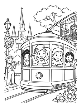 Free printable Children Riding A New Orleans Streetcar coloring page
