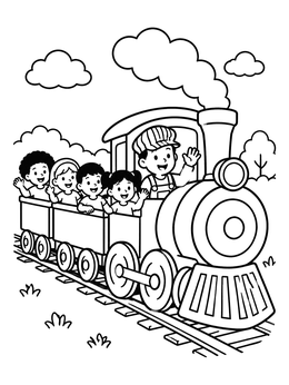 Children waving happily from a steam locomotive on this train coloring page.