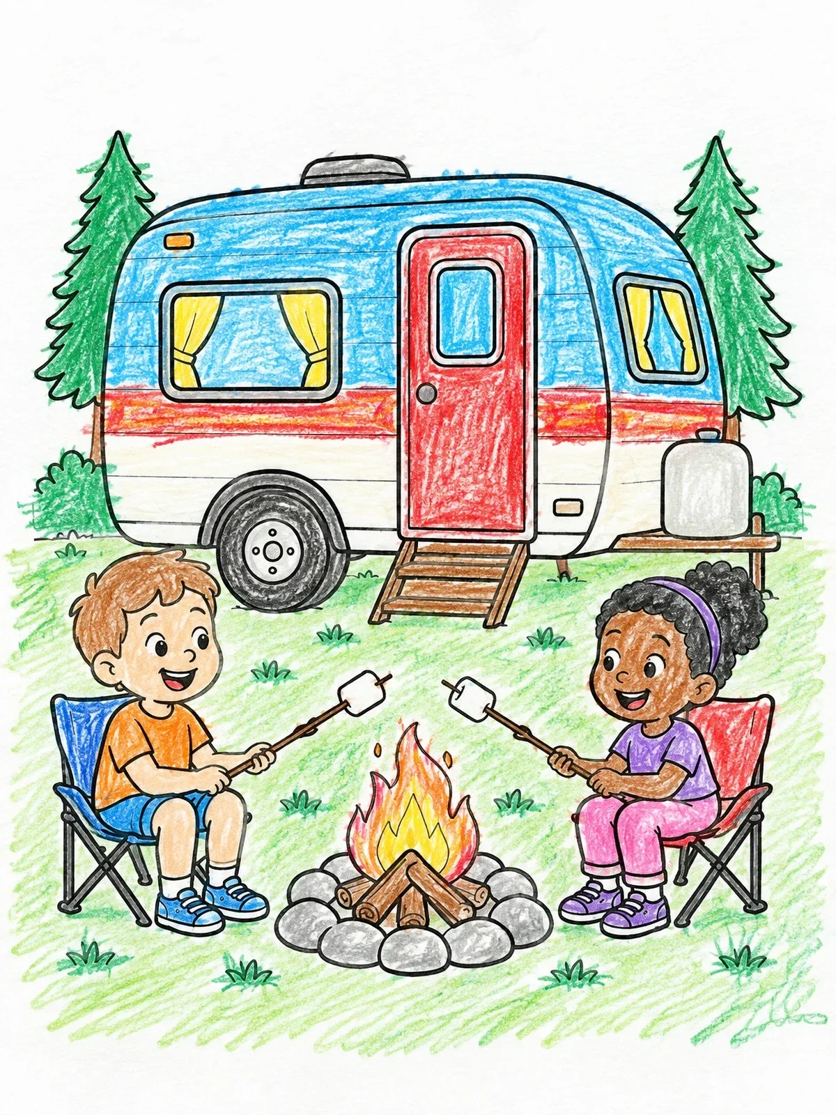 Colored example of the Kids Roasting Marshmallows By Camper coloring page