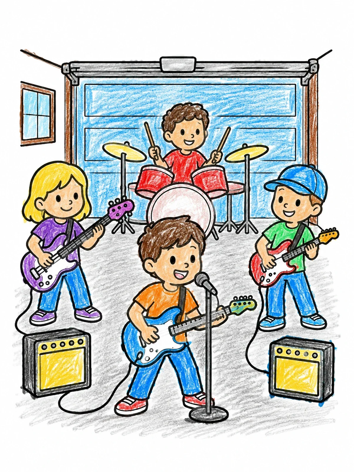 Colored example of the Kids Rock Band In Garage coloring page