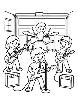 Free printable Kids Rock Band In Garage coloring page
