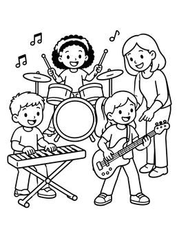 Free printable Kids Rock Band Music Lesson coloring page