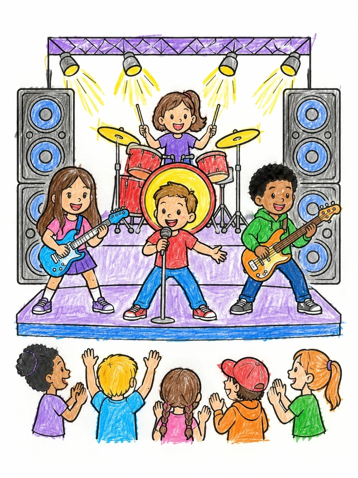 Colored example of the Kids Rock Band On Stage coloring page