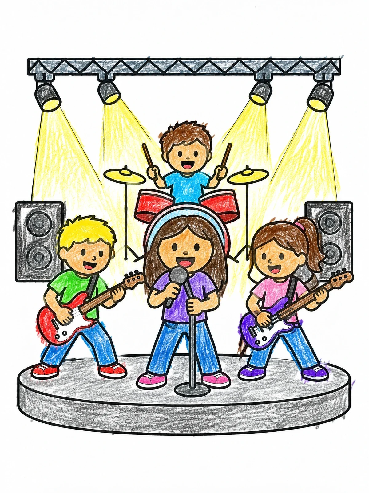Colored example of the Kids Rock Band On Stage coloring page