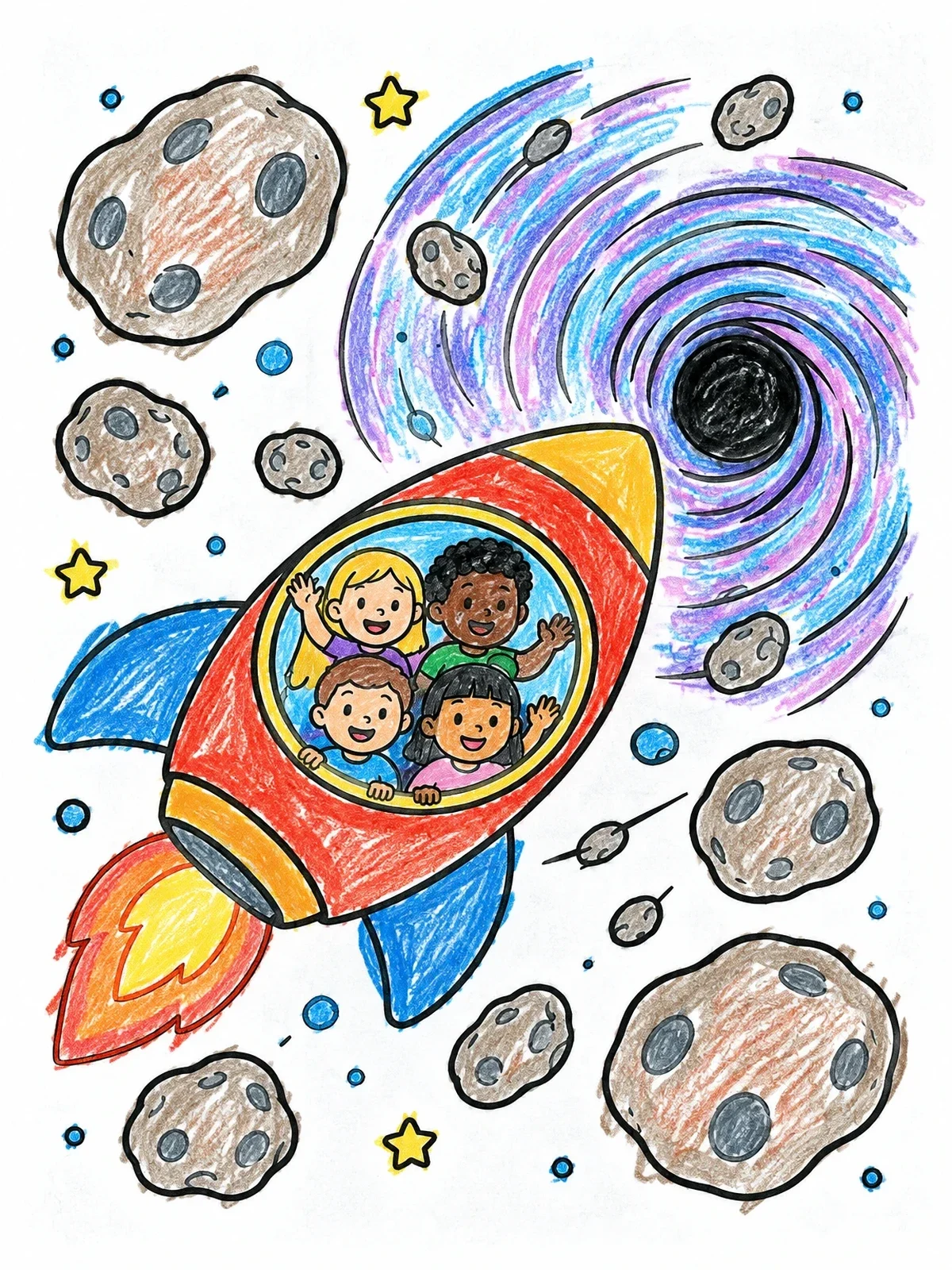 Colored example of the Kids Rocket Ship Near Swirling Black Hole coloring page