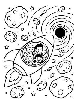 Free printable Kids Rocket Ship Near Swirling Black Hole coloring page
