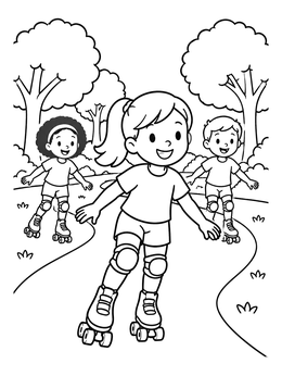 Free printable Kids Roller Skating In Park coloring page