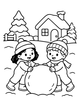 Free printable Children Rolling A Snowball Outside coloring page