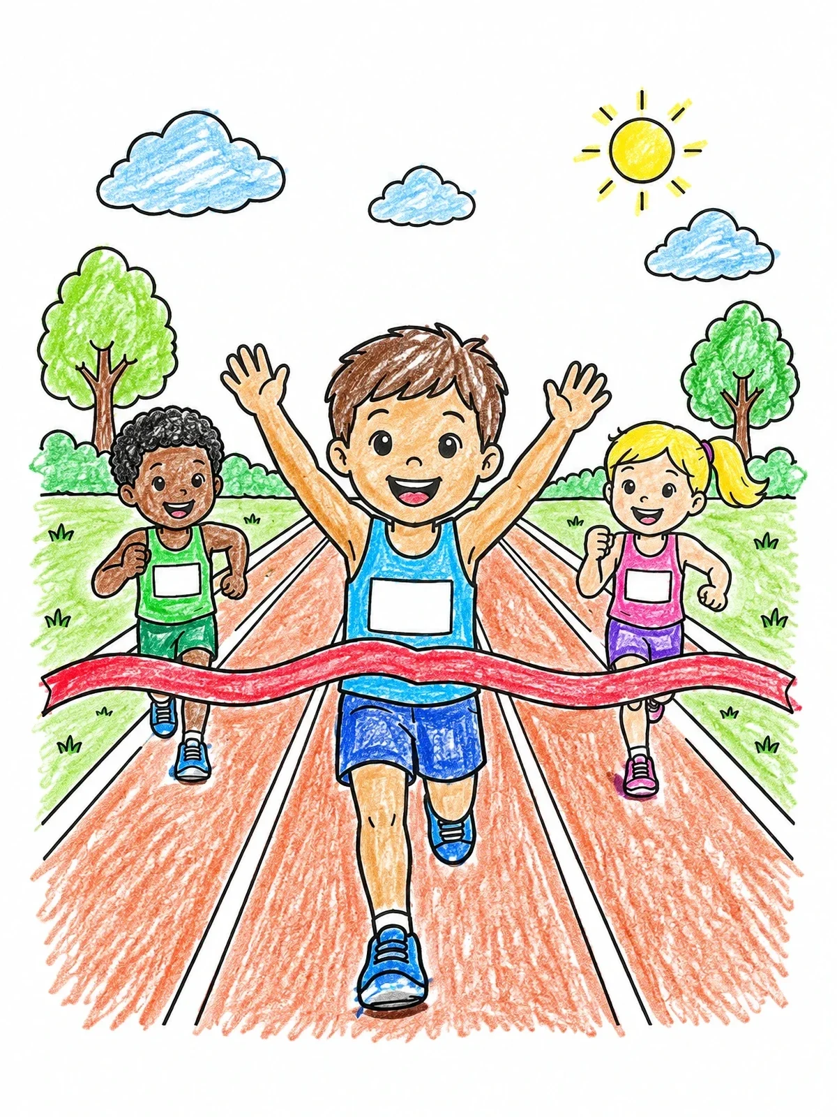 Colored example of the Kids Crossing The Finish Line coloring page