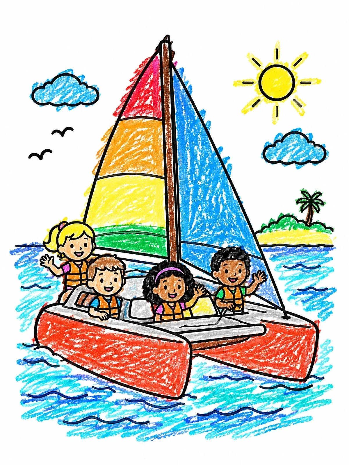 Colored example of the Children Sailing On A Catamaran coloring page